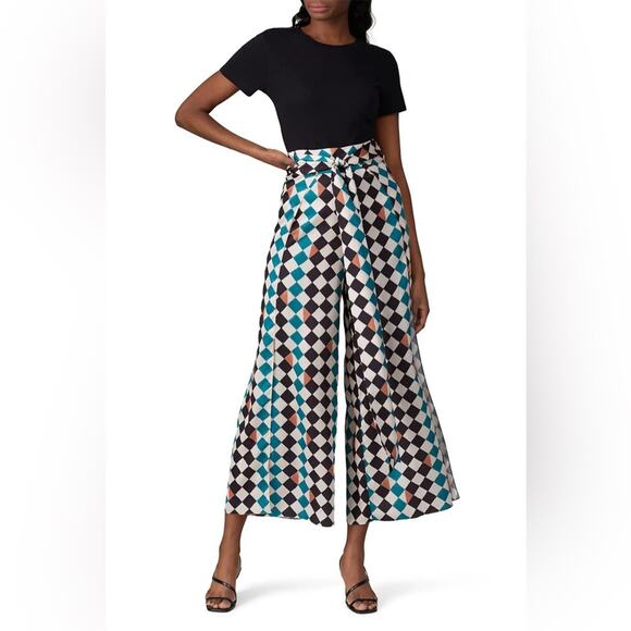 PatBo Check Print Tie Waist High Rise Slit Wide Leg Satin Pants 4 FLAWED - Picture 12 of 12